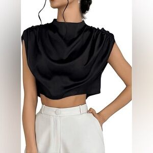 Black Stand Collar Blouse With Pleats Size 4